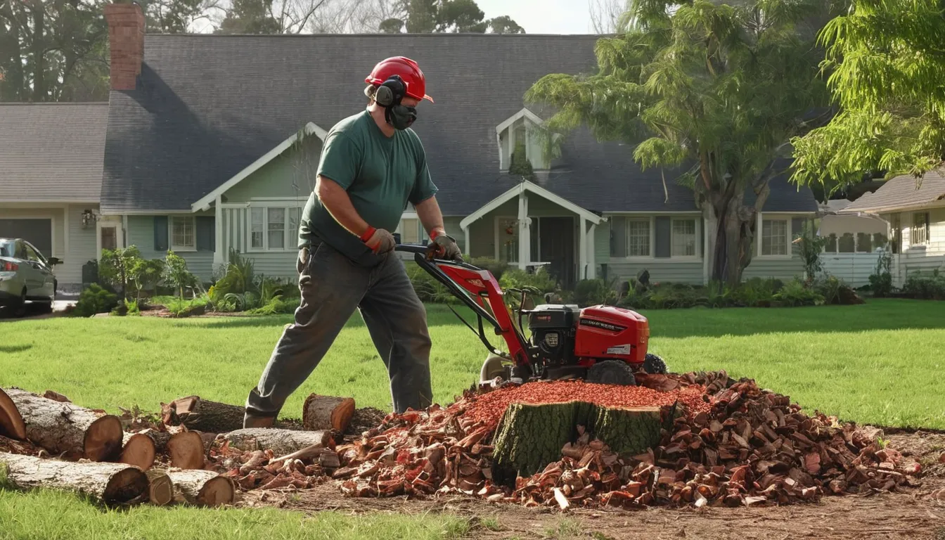 Local stump grinder operator working on a tree stump in a backyard in Alexandria